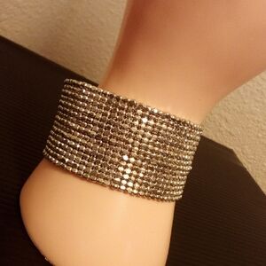 Sparkling Silver Wide Crystal Mesh Cuff Bracelet
